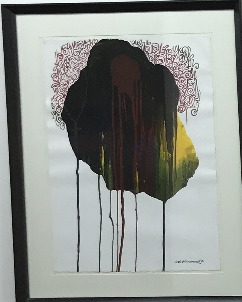 Work on paper: a poured dark form with drips running down it, ringed by looping red linework.