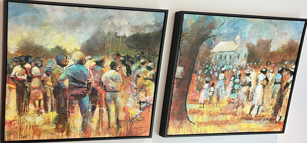 Diptych: a crowd of Black figures under trees on the left, a congregation outside a white clapboard church on the right.